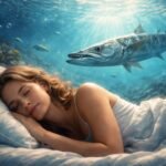 Egy álmodó nő fekszik az ágyában, míg egy barrakuda úszik a víz alatt.