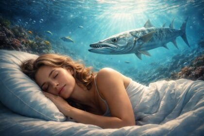 Egy álmodó nő fekszik az ágyában, míg egy barrakuda úszik a víz alatt.