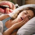 Egy nő álmosan fekszik az ágyban, arca fájdalmas kifejezést tükröz, miközben foghúzásról álmodik.