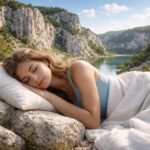 Egy fiatal nő álmodik egy gyönyörű, mészkősziklákkal övezett tájban.