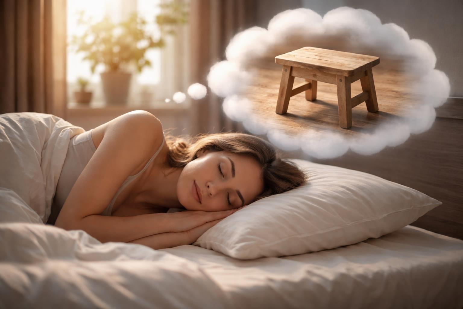 Egy nő alszik az ágyában, álmában egy sámli lebeg a feje fölött.