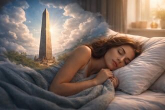 Egy álmodozó nő fekszik az ágyában, háttérben egy obeliszk képével.