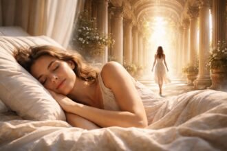 Egy álmodó nő fekszik az ágyban, mögötte oszlopcsarnok látható, napfényben úszva.