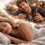 Egy nő alszik az ágyában, míg egy férfi a bárban örömmel iszik.