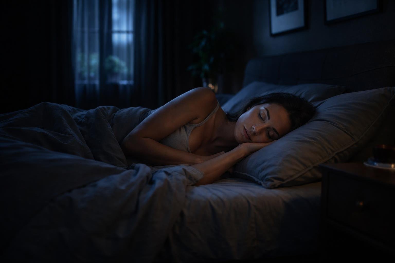 Egy nő álomba merülve fekszik egy sötét szobában, lágy fények mellett.