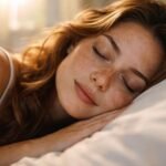 Álmodó nő szeplőkkel az arca, békésen alszik egy puha párnán.