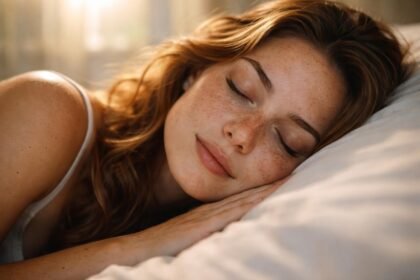 Álmodó nő szeplőkkel az arca, békésen alszik egy puha párnán.