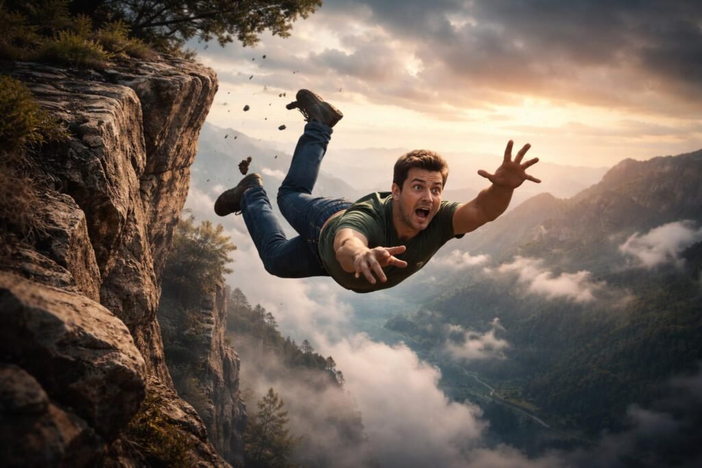 Egy férfi a szikláról zuhan, arca a félelem és a bizonytalanság kifejezésével.
