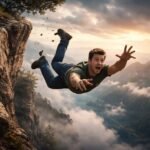 Egy férfi a szikláról zuhan, arca a félelem és a bizonytalanság kifejezésével.