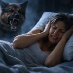 Egy nő az ágyban, kezét a fülére szorítva, miközben egy támadó kutya ugat mögötte.