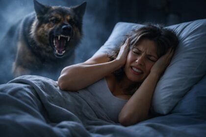 Egy nő az ágyban, kezét a fülére szorítva, miközben egy támadó kutya ugat mögötte.