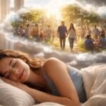 Egy fiatal nő álmodik, miközben a háttérben társadalmi események zajlanak.