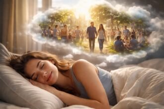 Egy fiatal nő álmodik, miközben a háttérben társadalmi események zajlanak.