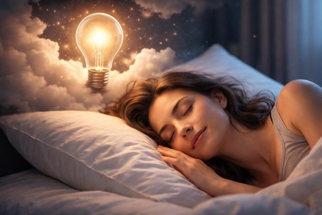 Egy álmodó fiatal nő pihen az ágyában, feje mellett egy fénylő villanykörte lebeg.