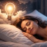 Egy álmodó fiatal nő pihen az ágyában, feje mellett egy fénylő villanykörte lebeg.
