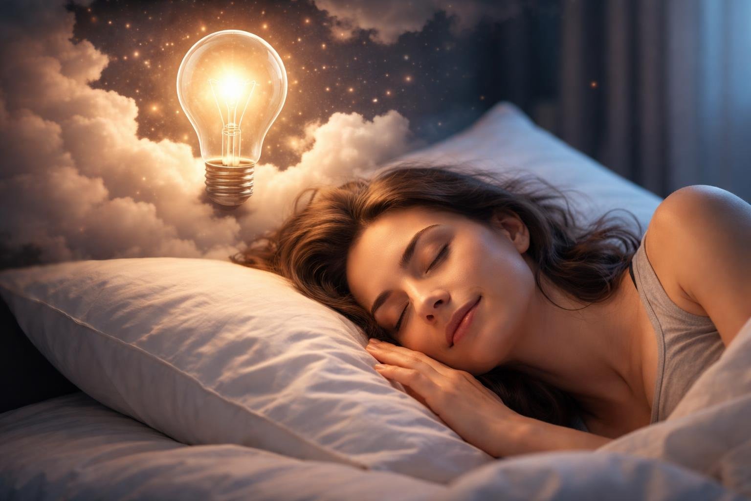 Egy álmodó fiatal nő pihen az ágyában, feje mellett egy fénylő villanykörte lebeg.