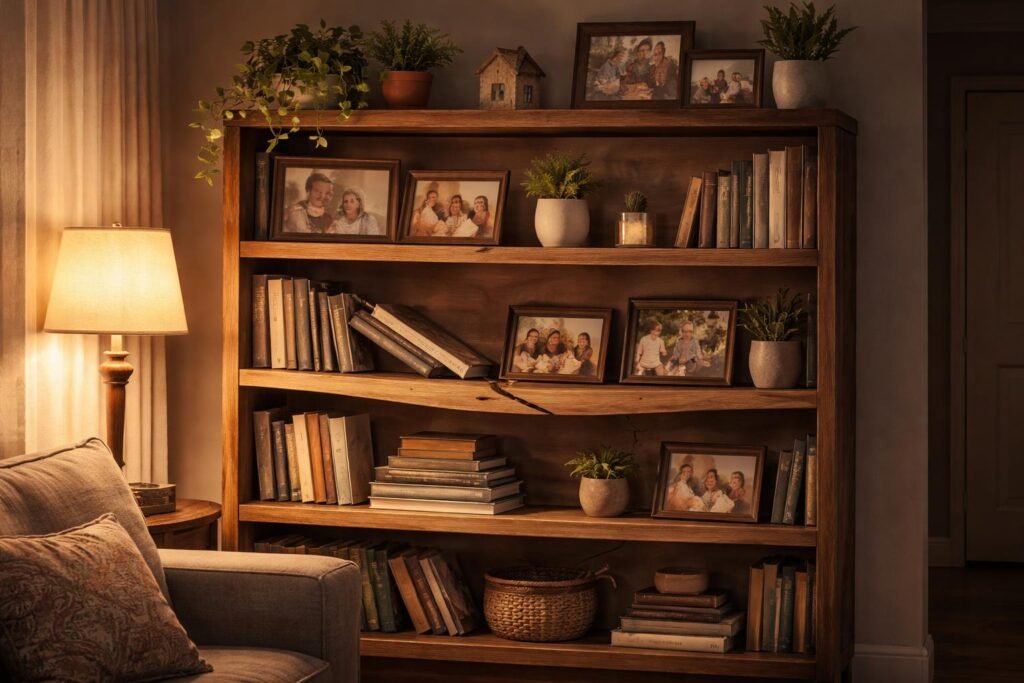 Polc a falon, családi emlékekkel és könyvekkel