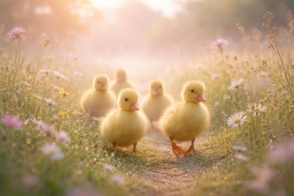 Táncoló kiskacsák egy napsütéses réten játszanak