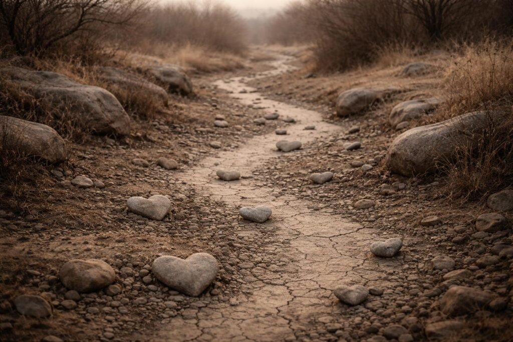 Kiszáradt patak a természetben, nyári forróságban, kő és növények között
