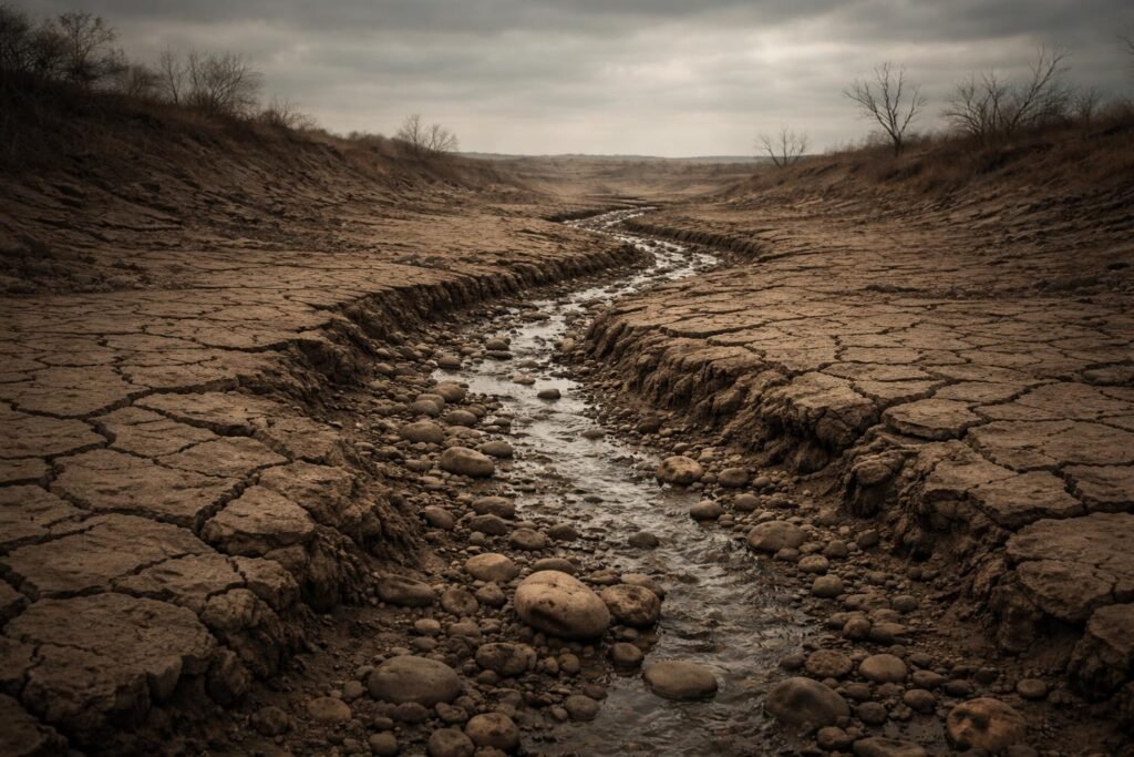 Kiszáradt patak repedezett folyómederrel nyáron