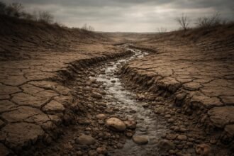 Kiszáradt patak repedezett folyómederrel nyáron