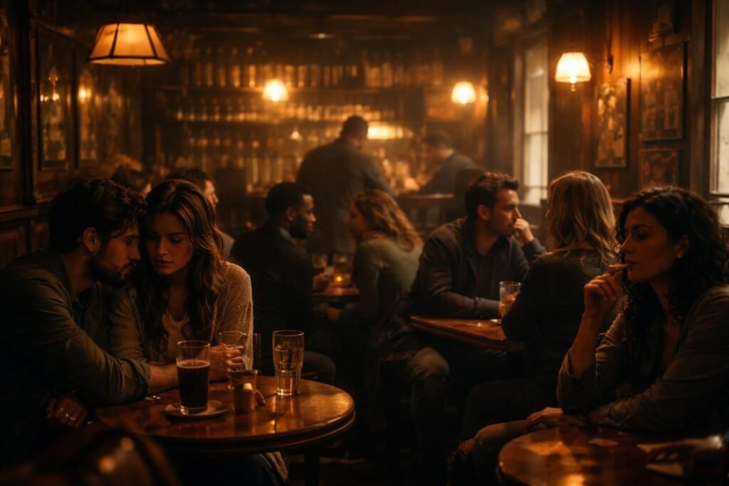 Kocsma belső tere, fa asztalok és emberek társasága egy álomban