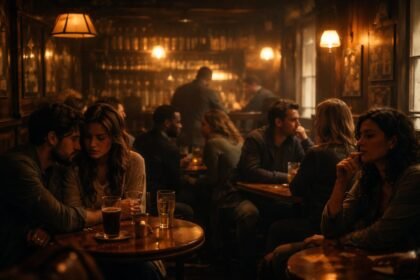 Kocsma belső tere, fa asztalok és emberek társasága egy álomban