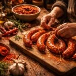 Álombeli kolbászkészítés folyamatának képei