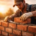Kőműves munka közben, téglákat rak az épülethez