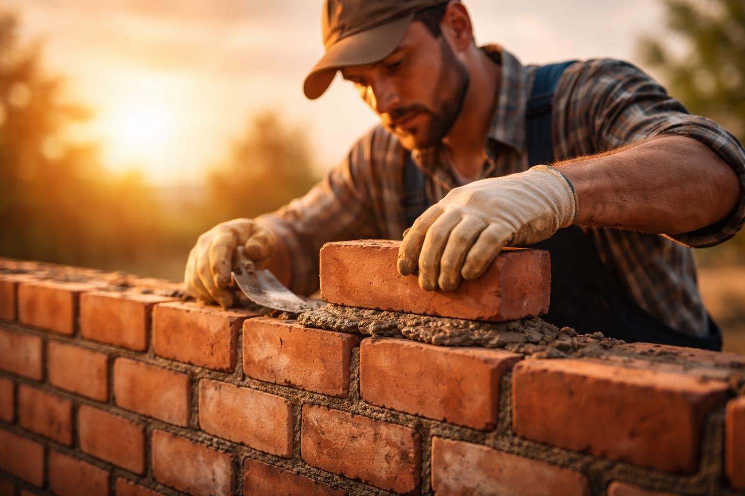 Kőműves munka közben, téglákat rak az épülethez