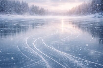 Jégpályán korcsolyázó ember elegánsan siklik a csúszós jégen