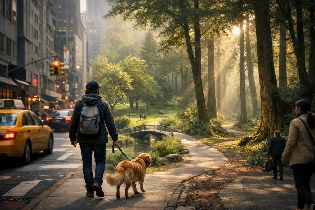 Kutyasétáltatás különböző helyszíneken, utcán, parkban, erdőben