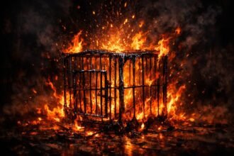 Lángoló ketrec emblematikus álom jelentéssel tűz és fogság szimbóluma