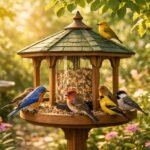 Kézben tartott madáretető, ahová különböző madarak repülnek be