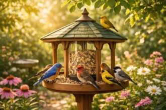 Kézben tartott madáretető, ahová különböző madarak repülnek be