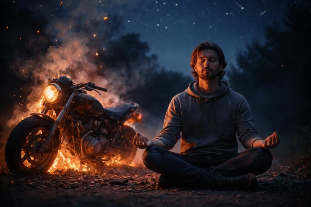 Lángoló motor éjszakai álomban, vörös és narancssárga tüzek