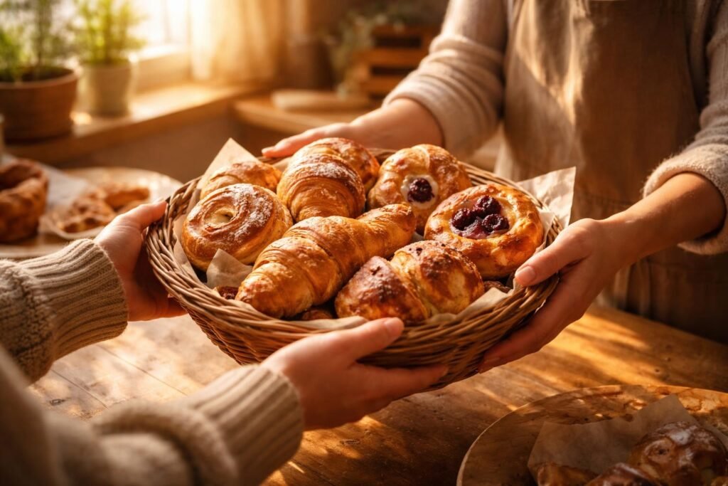 Kézzel tartott friss péksütemények egy piacon