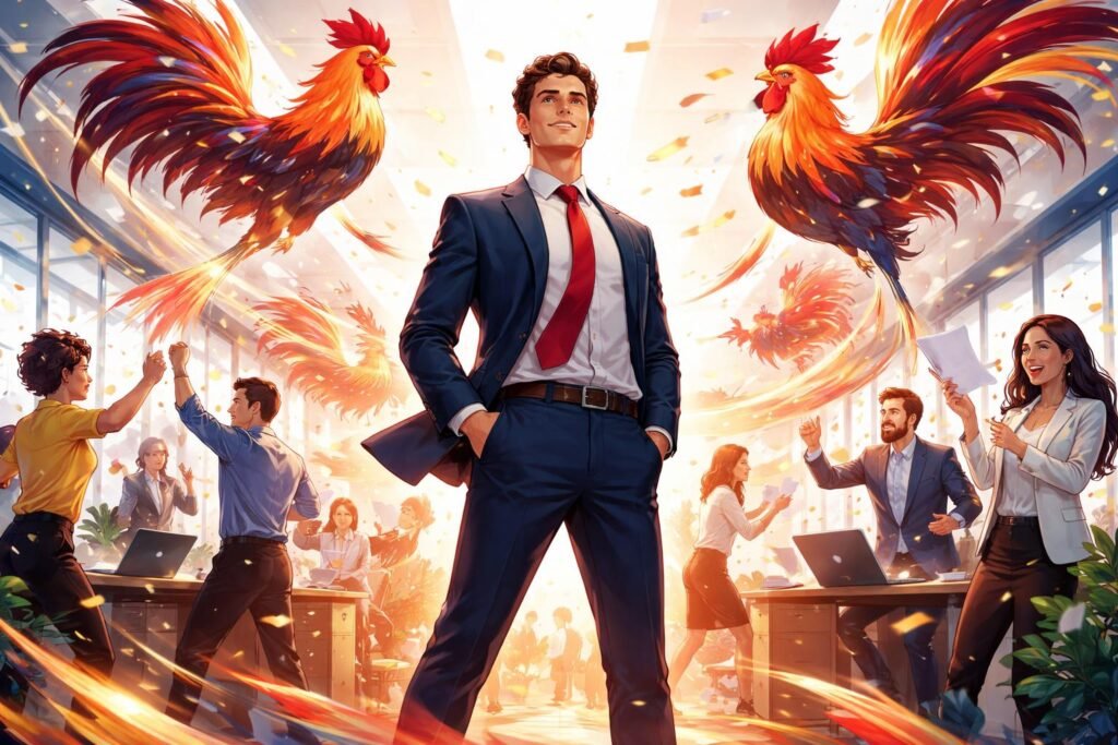 Kakas versenyez a réten, színes és energikus jelenet