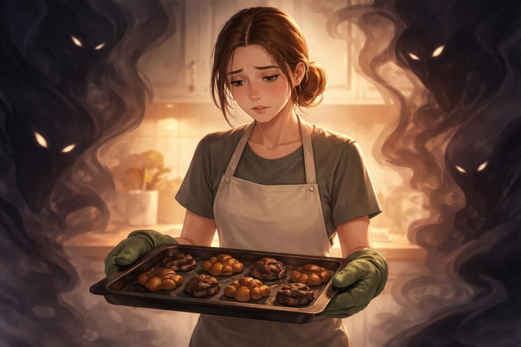 Álmodó személy sütöget közben negtív érzésekkel és félelmekkel