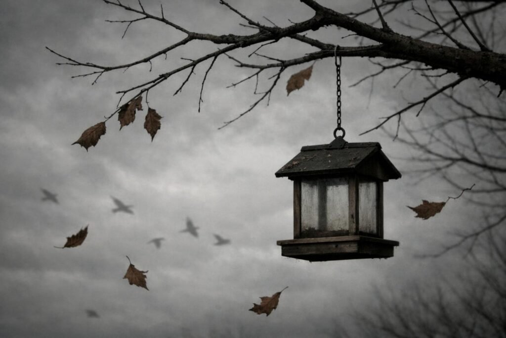 Madáretető üresen, elhanyagolt kertben álmok jele