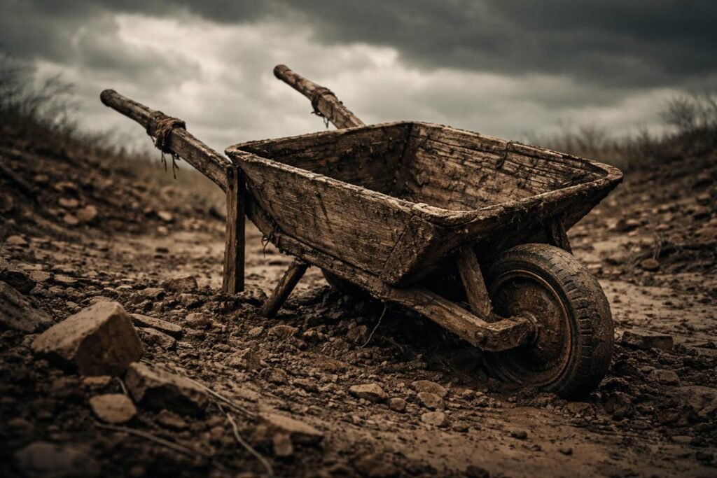 Nehéz, törött talicska egy fáradt ember mellett az akadályokról álmodva