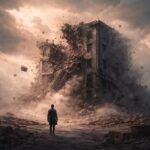 Álombeli összeomlott épület, hirtelen életváltozás jele