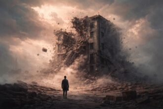 Álombeli összeomlott épület, hirtelen életváltozás jele