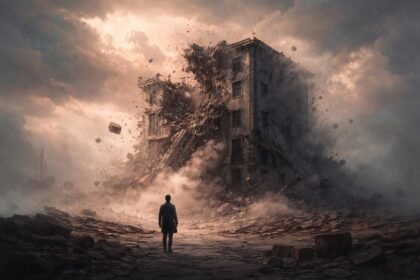 Álombeli összeomlott épület, hirtelen életváltozás jele