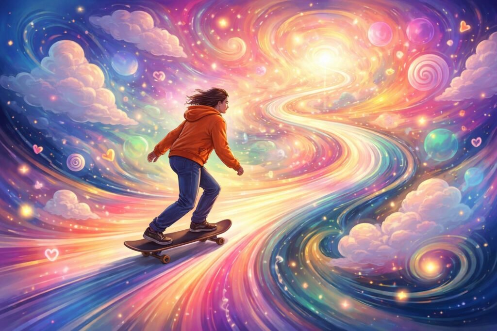 Fiatal férfi gördeszkázik a parkban, boldog és szabad érzéssel