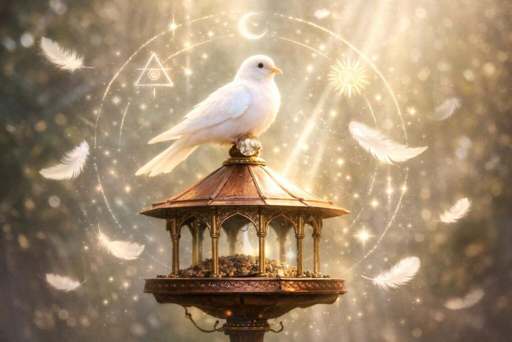 Madáretető a fán, kék ég háttérrel, madarak körülötte