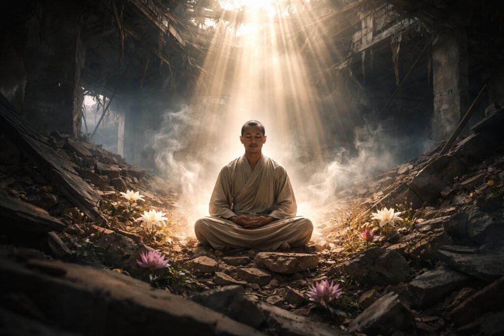 Spirituális újjászületés összeomlott épület álmában, remény és megújulás