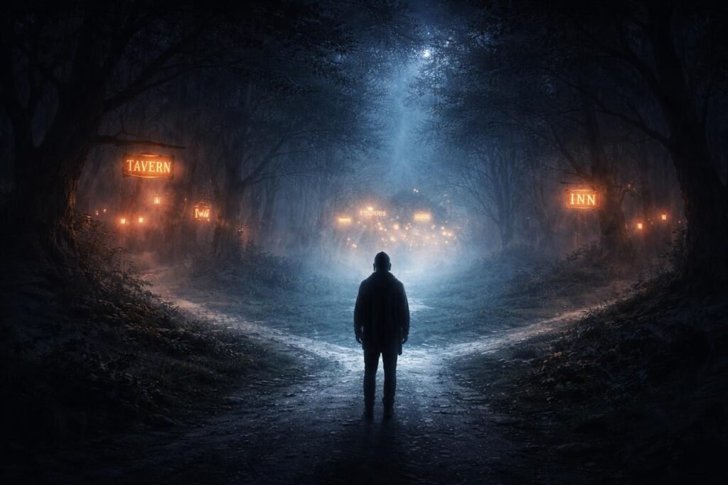 Egy sötét kocsma belseje, álomszerű atmoszférával