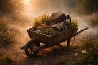 Talicska egy régi udvari környezetben, teli földdel és eszközökkel