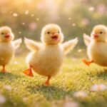 Táncoló kiskacsák a friss zöld réten, vidám hangulatban